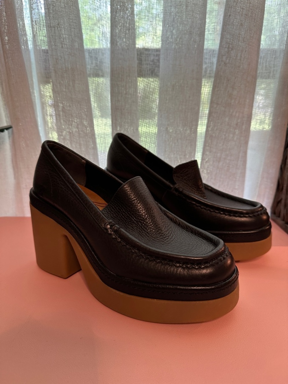 Zodiac Black Leather Platform Loafers with Brown Block Heel